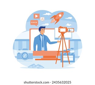 Video content creator for social media. With its tools, camera, microphone, and additional icons. flat vector modern illustration 