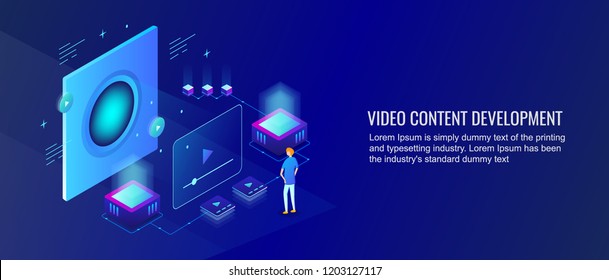 Video content development, creating online videos, flat design 3D isometric vector banner with icons