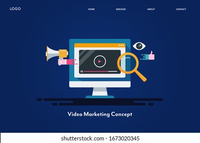 Video content, Digital video, Video marketing, Video advertising - conceptual flat design vector landing page with icons and texts