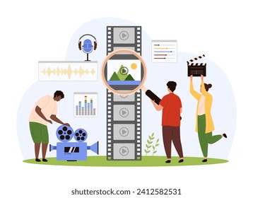 Video content editing software mobile app. Tiny people edit film footage with professional studio editor, creators looking at frame through magnifying glass to create movie cartoon vector illustration