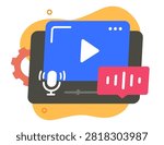 Video content editor on tablet device modern vector graphic illustration design, media podcast creating recording technology flat cartoon drawn, film movie production software
