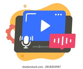 Video content editor on tablet device modern vector graphic illustration design, media podcast creating recording technology flat cartoon drawn, film movie production software
