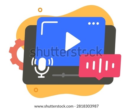 Video content editor on tablet device modern vector graphic illustration design, media podcast creating recording technology flat cartoon drawn, film movie production software
