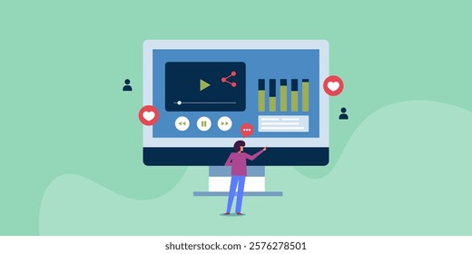 Video content engagement, Audience engaged with video content, Video content performance analytics - vector illustration background with icons