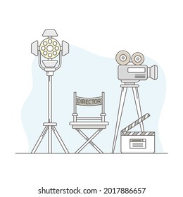 Video Content Footage Production in Filmmaking with Movie Camera and Director Chair Line Vector Illustration