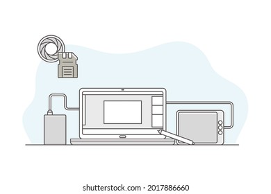 Video Content Footage Production in Filmmaking with Camera Shutter and Postproduction with Laptop Interface Line Vector Illustration