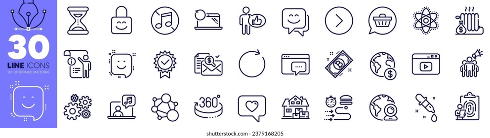 Video content, Forward and Love message line icons pack. Recovery laptop, Integrity, Shopping cart web icon. Seo message, Chemistry pipette, Cogwheel pictogram. Music, Manual doc, Synchronize. Vector