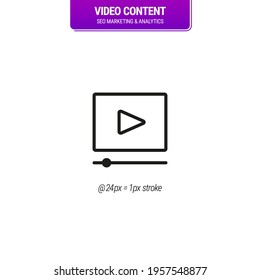Video Content Icon. SEO Marketing symbol. Achieving results in conversion and retention. Can be used for topics like web marketing services and multimedia - Mono - Vector Icon