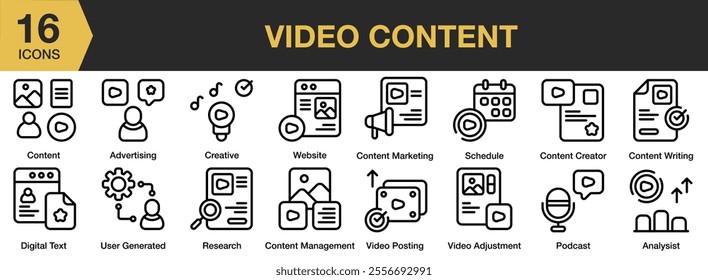 Video Content icon set. Includes website, marketing, schedule, creator, podcast, writing, management, and More. Outline icons vector collection.