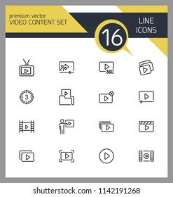 Video content icons. Set of  line icons. Player, screen, tv. Video content concept. Vector illustration can be used for topics like online movie, broadcasting, streaming.
