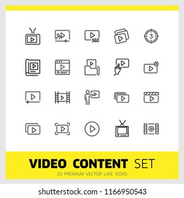 Video content icons. Set of  line icons. Player, screen, tv. Video content concept. Vector illustration can be used for topics like online movie, broadcasting, streaming.