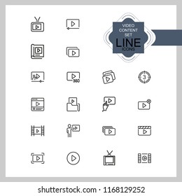 Iconos de contenido de vídeo. Conjunto de iconos de línea. Jugador, pantalla, tv. Concepto de contenido de vídeo. La ilustración vectorial se puede utilizar para temas como cine en línea, transmisión, transmisión.