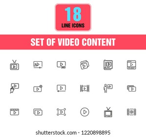 Video content icons. Set of  line icons. Player, screen, tv. Video content concept. Vector illustration can be used for topics like online movie, broadcasting, streaming.
