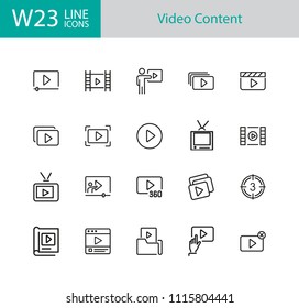 Video content icons. Set of twenty line icons. Player, screen, tv. Video content concept. Vector illustration can be used for topics like online movie, broadcasting, streaming.