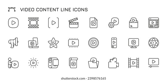Video content line icons. Web streaming, online video, mobile phone and tablet app multimedia, camera and editing. Vector set. Different gadgets for making movies, blogging isolated symbols