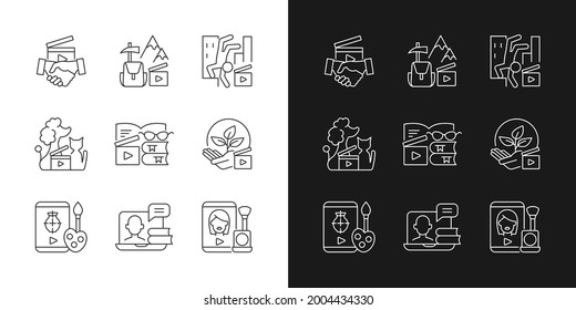 Video content linear icons set for dark and light mode. Business to business service. Entertainment content. Customizable thin line symbols. Isolated vector outline illustrations. Editable stroke