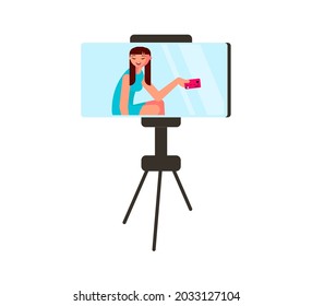 Video content for live streaming broadcast social media networking concept. Freelancer creates family live blog. Flat Art Vector illustration