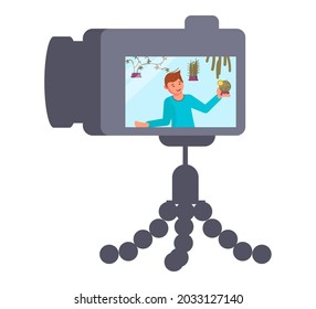 Video content for live streaming broadcast social media networking concept. Freelancer creates family live blog. Flat Art Vector illustration