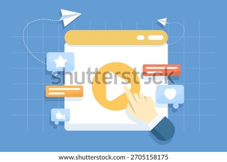 Video content marketing concept with a user pressing the play button, highlighting social media engagement through likes, comments, and shares.
