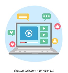 Video content and video marketing on laptop computer in flat design. Social media sharing.