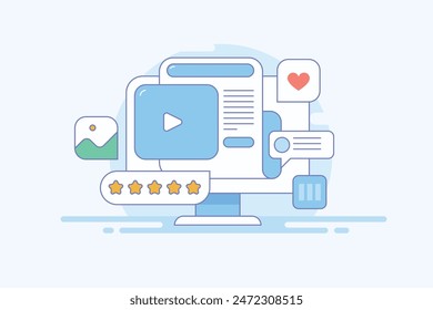 Video contenido para marketing de contenidos en redes sociales. Contenido que atrae como, compartir, participación de la audiencia, contenido con reacción de la audiencia - Ilustración vectorial con iconos