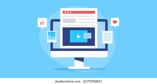 Video content marketing, Video on website, digital content, Social media marketing service - flat design vector illustration with icons