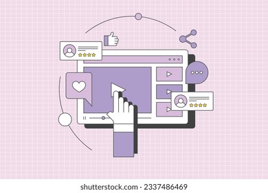 Comercialización de contenido de vídeo. Compartir contenido de video en la red de medios sociales. Compromiso de contenido. Obteniendo me gusta y compartiendo. Ilustración vectorial con iconos