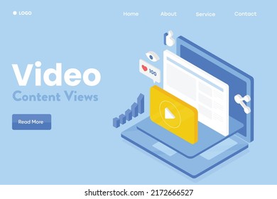 Video content marketing, social media video, playing online video - 3D isometric vector illustration with icons and texts