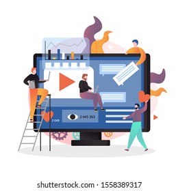 Video Content Marketing Vector Concept Illustration. Huge Computer Monitor With Content Statistics Chart, Play Video Symbol On Screen And Micro People Giving Likes, Comments Etc. Digital Content Promo