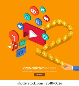 Video content marketing.Flat design concept for make momey with video.3d isometric vector.