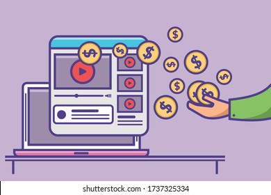 Video content monetization, making money from vlog. Online business in social media with video content. Making money on video content illustration.