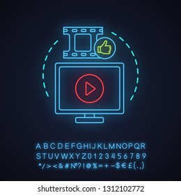 Video content neon light concept icon. Vlogging idea. Content positive feedback. Video production. Glowing sign with alphabet, numbers and symbols. Vector isolated illustration