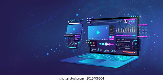 Video content on 3D laptop and Mobile Phone. Concept - webinar, online promotion, conference, training, working online using a laptop and smartphone, video marketing, creation of videos. Vector