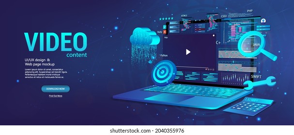 Video content on 3D laptop with interface program. Concept Webinar, conference, training, online promotional, video marketing, videos and editing. 3D laptop in perspective and video content creation