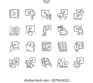 Video content. Play, media, entertainment, streaming, social, blog. Video production. Pixel Perfect Vector Thin Line Icons. Simple Minimal Pictogram