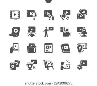 Video content. Play, media, entertainment, streaming, social, blog. Video production. Vector Solid Icons. Simple Pictogram

