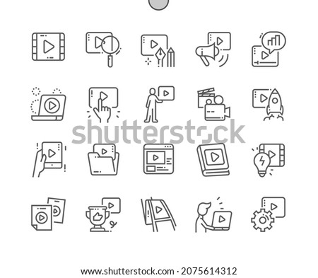 Video content. Play, media, entertainment, streaming, social, blog. Video production. Pixel Perfect Vector Thin Line Icons. Simple Minimal Pictogram