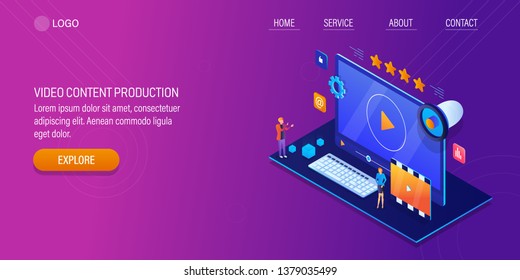 Video Content, Video Production, Digital Video Marketing, 3D, Isometric Vector Banner With Icons And Texts