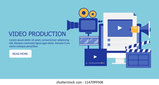 Video Content Production, Video Marketing, Movie Marketing, Flat Design Vector Banner On Green Background