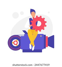 Video content production and stream services, tiny man with camera and gear making film vector illustration