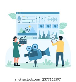 Video content production vector illustration. Cartoon tiny people record digital video podcast with camera, edit creative film for vlog channel with phone and visual interface of editor mobile app