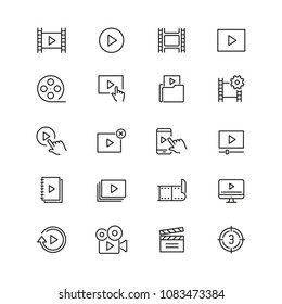 Video content related icons: thin vector icon set, black and white kit