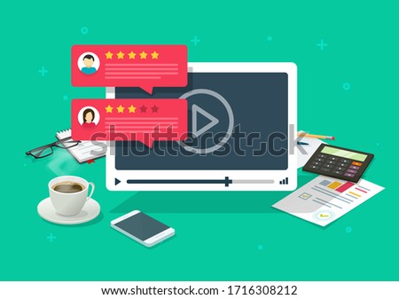 Video content review testimonials feedback online on workplace desktop table or reputation rate chat evaluation desk vector flat cartoon illustration, internet or web video player with rating survey