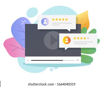 Testimonios de revisión de contenido de vídeo o evaluación de la tasa de retroalimentación en línea chat de evaluación vectorial cartografía plana, ilustración de Internet o reproductor de vídeo web con mensajes de clasificación de estrellas, encuesta o clasificación de diseño moderno