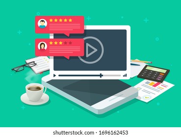 Video content review testimonials online on mobile phone workplace or feedback and reputation rate chat evaluation vector flat cartoon, internet webinar or web video player with rating survey