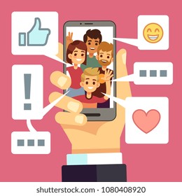 Video content sharing on smartphone screen. Friends comment and like vlog. Video streaming vector concept. Smartphone with comment and feedback reaction illustration