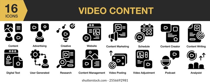 Video Content solid icon set. Includes website, marketing, schedule, creator, podcast, writing, management, and More. Solid icons vector collection.