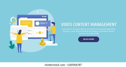 Video content uploading, Video sharing, Social media video flat vector banner with icons and characters