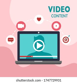 Video content vector illustration. Video blogging, watching stream tv, viral video, internet marketing and advertising in flat design. Online webinar. Digital e-learning.