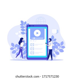 contenido de video, red social para compartir videos, aplicaciones para reproductores móviles y personas, vector